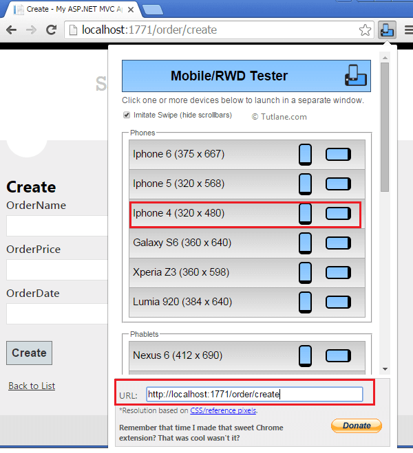 select devices to test asp.net mvc web application in mobile tester